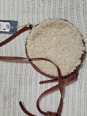Round Cream Sherpa Crossbody with Brown Trim